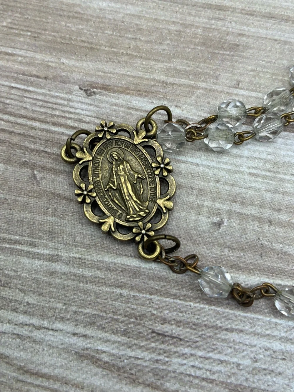 Vintage Style Brass Rosary Necklace with  Upcycled Vintage Beads